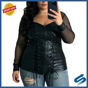Plus Size Gothic Corset Top with Lace Up Detail and Mesh Sleeves